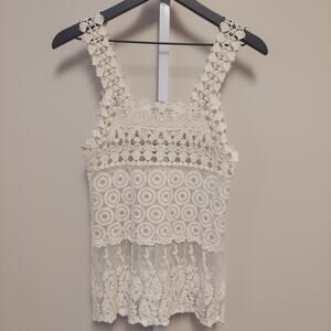 ISSI Crochet‎ Mesh Cream Sheer Tank Top M Boho Festival Fairy Cottage Lace